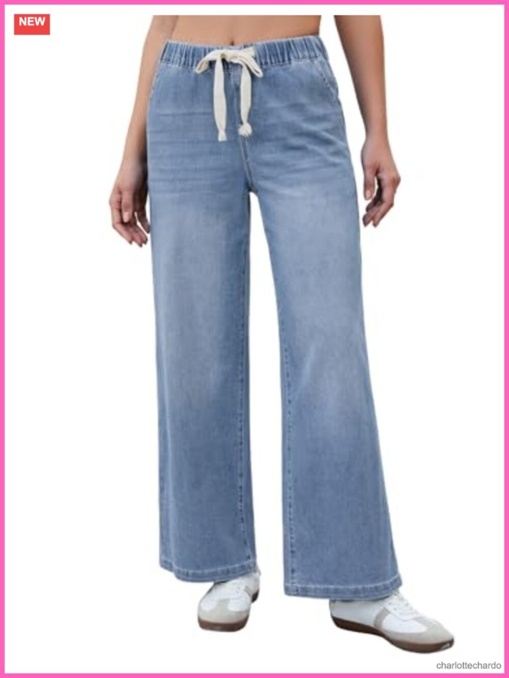 Wide Leg High Waisted Pull On Stretchy Denim Jeans with Pockets